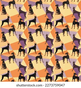 Doberman dog on a mosaic geometric background. Funky, colorful vibe, rainbow colors palette. Simple, clean, modern texture. Geometric, polygon style. Summer seamless pattern with dogs.Triangles.