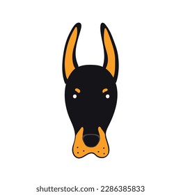 Doberman dog, puppy face cute funny cartoon character illustration. Hand drawn vector, isolated. Line art. Domestic animal logo. Design concept pet food, branding, business, vet, print, poster