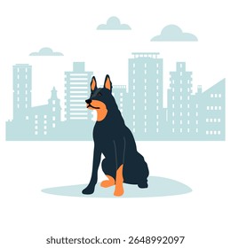 Doberman dog sitting against urban cityscape, minimalist illustration, suitable for background vector