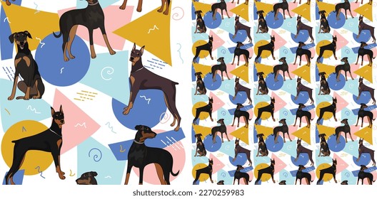 Doberman dog summer pastel wallpaper. Holiday abstract circles, squares, spirals, confetti. seamless background, repeatable pattern. Birthday wallpaper, Christmas present, print tiles. Geometric style