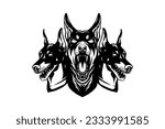 Doberman dog with three head like cerberus, vector black white
