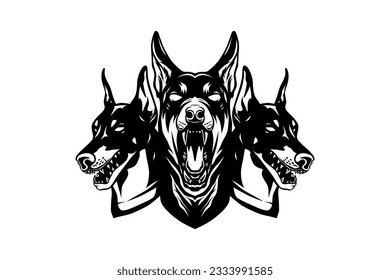 Doberman dog with three head like cerberus, vector black white svg