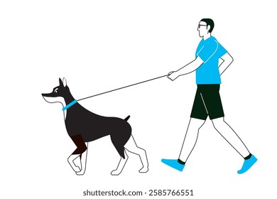 Doberman, dog walking, simple illustration of a man walking Flat design with main lines