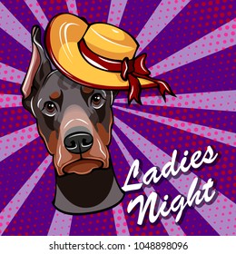 Doberman dog in Wide-brimmed hat. Ladies night. Vector illustration isolated on colorful background.
