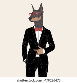 doberman dressed up in tuxedo, anthropomorphic illustration, fashion animals