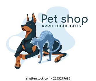 doberman and gray cat sitting together isolated on white background. Advertising for breeders, pet stores, zoo clinics, zoo groomers. Vector flat illustration