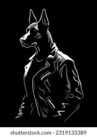 Doberman in a leather jacket on a dark background.