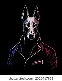 Doberman con una chaqueta de cuero sobre un fondo oscuro.