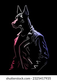 Doberman in a leather jacket on a dark background.