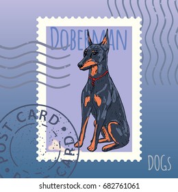 Doberman Pinscher and bone. Dog card, vector hand drawn illustration. Stamp. Mark. Postcard.