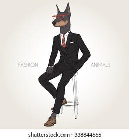 Doberman Pinscher dog dressed up in black suit sitting on the chair, furry art illustration