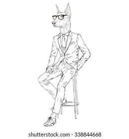 Doberman Pinscher dog dressed up in black suit sitting on the chair, furry art illustration
