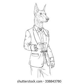 Doberman Pinscher dog dressed up in retro style with cigar, furry art illustration