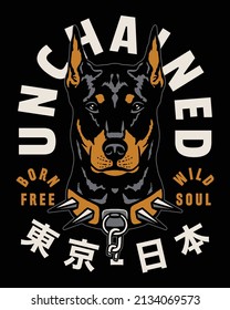 Doberman Pinscher Dog Illustration With Tokyo Japan Words In Japanese Artwork On Black Background For Apparel And Other Uses