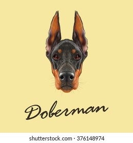 Doberman Pinscher dog. Vector illustrated portrait of black dog on yellow background.