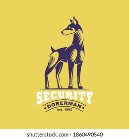 Doberman Pinscher logo in classic engraving style. Vector emblem for your security corporate identity, police illustration, guardian posters, vintage design, and etc. 