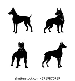 Doberman Pinscher Silhouette Vector Set, Perro de Guardia Leal de pie Poses
