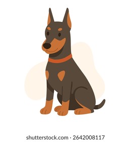 A Doberman Pinscher sits attentively with a sleek coat and alert expression. The dog displays its characteristic build and proud demeanor in a bright and friendly setting.