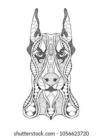 Doberman pinshcer dog zentangle stylized. Freehand vector illustration. Print for POD sites and coloring books.