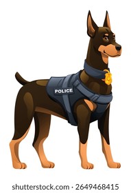 Doberman police dog wearing a police vest with a badge, an alert and agile K9 unit. Vector cartoon illustration