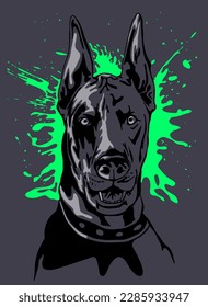 Retrato Doberman. Perro, letra brillante en una camiseta. Rompecabezas y manchas. Ilustración vectorial de material. Gris, verde