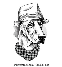 Doberman portrait in a hat with a cravat. Vector illustration.