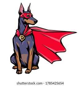 Doberman with secret superman mask and red cape. Superhero dog in costume. Animal comic hero. Cartoon concept stock vector illustration isolated on white background