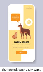 doberman and shiba inu dogs human friend pet website or online shop cartoon animal smartphone screen mobile app copy space vertical vector illustration