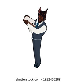 Doberman in a suit is reading a book. Sticker. Vector illustration