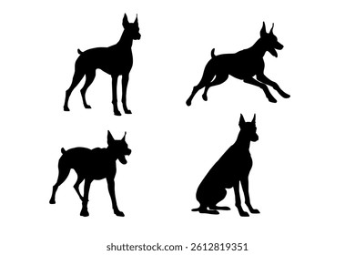 Doberman vector silhouette set – running, sitting, standing, snarling,Hand drawn dog vector.