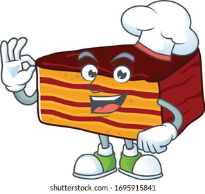 Dobos torte cartoon design style proudly wearing white chef hat