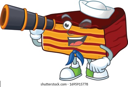 Dobos torte in Sailor cartoon character style using a binocular