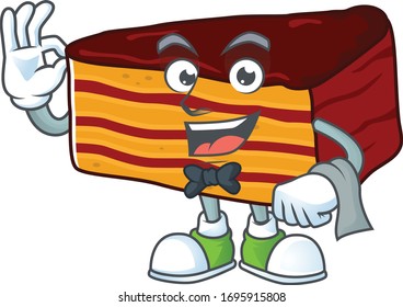 A dobos torte waiter cartoon character ready to serve
