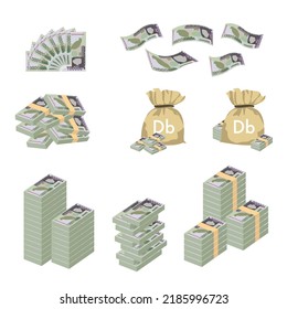 Dobra Vector Illustration. Huge Packs Of São Tomé And Príncipe Money Set Bundle Banknotes. Bundle With Cash Bills. Deposit, Wealth, Accumulation And Inheritance. Falling Money 100000 Db.