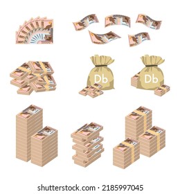 Dobra Vector Illustration. Huge packs of São Tomé and Príncipe money set bundle banknotes. Bundle with cash bills. Deposit, wealth, accumulation and inheritance. Falling money 50000 Db.