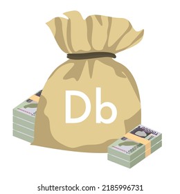 Dobra Vector Illustration. São Tomé And Príncipe Money Set Bundle Banknotes. Money Bag 100000 Db. Flat Style. Isolated On White Background. Simple Minimal Design.