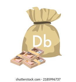 Dobra Vector Illustration. São Tomé And Príncipe Money Set Bundle Banknotes. Money Bag 50000 Db. Flat Style. Isolated On White Background. Simple Minimal Design.