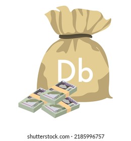 Dobra Vector Illustration. São Tomé And Príncipe Money Set Bundle Banknotes. Money Bag 100000 Db. Flat Style. Isolated On White Background. Simple Minimal Design.