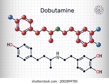 Dobutamine molecule. It is synthetic catecholamine, used as cardiotonic agent after cardiac surgery and for severe heart failure. Sheet of paper in a cage. Vector illustration