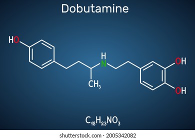 Dobutamine molecule. It is synthetic catecholamine, used as cardiotonic agent after cardiac surgery and for severe heart failure. Structural chemical formula on the dark blue background. Vector 