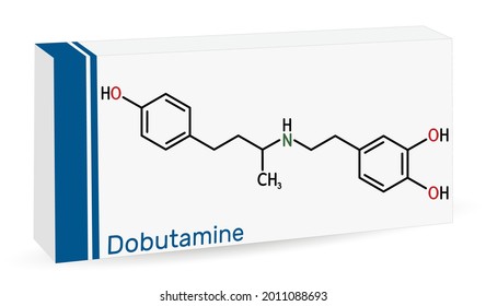 Dobutamine molecule. Synthetic catecholamine, used as cardiotonic agent after cardiac surgery and for severe heart failure. Skeletal chemical formula. Paper packaging for drugs. Vector illustration