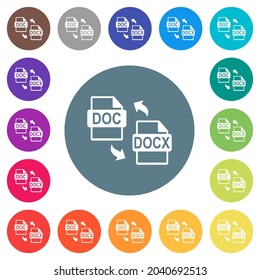 DOC DOCX file conversion flat white icons on round color backgrounds. 17 background color variations are included.