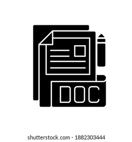 DOC file black glyph icon. Document file format. Word processing software. Formatted text, images, tables, charts. Filename extension. Silhouette symbol on white space. Vector isolated illustration