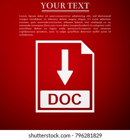 DOC file document icon. Download DOC button icon isolated on red background. Flat design. Vector Illustration