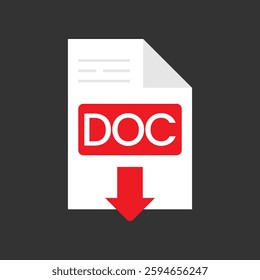 DOC file download icon isolated on a gray background. Vector icon for applications, UI or web design