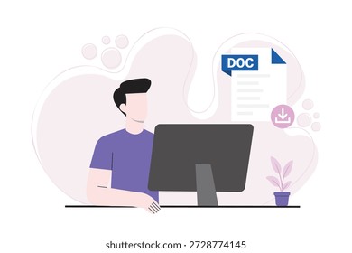 Ilustración de Descarga de archivos DOC Gestión de documentos Concepto de Vector plano