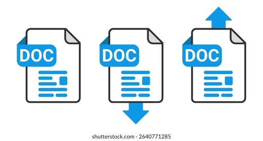 DOC File Download and Upload Icon Set with Blue Arrow Symbol on Transparent Background for Document Transfer, Data Sharing and Word File Exchange Vector Illustration
