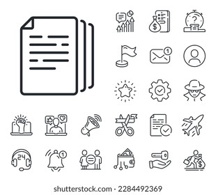 Doc file duplicates sign. Salaryman, gender equality and alert bell outline icons. Copy documents line icon. Office note symbol. Copy documents line sign. Spy or profile placeholder icon. Vector