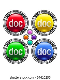 DOC file extension icon on round colorful vector buttons suitable for use on websites, in print materials or in advertisements.  Set includes red, yellow, green, and blue versions.