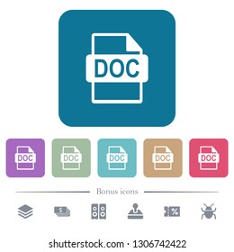 DOC file format white flat icons on color rounded square backgrounds. 6 bonus icons included